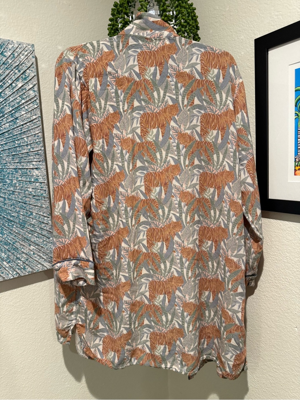 Cost Plus World Market Women's Button-Down Shirt in Orange and Gray Leaf Print